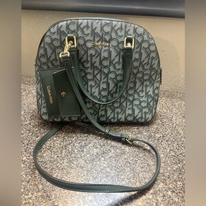 NWOT Calvin Klein Monogrammed Dome Satchel With Wristlet Green And Gold